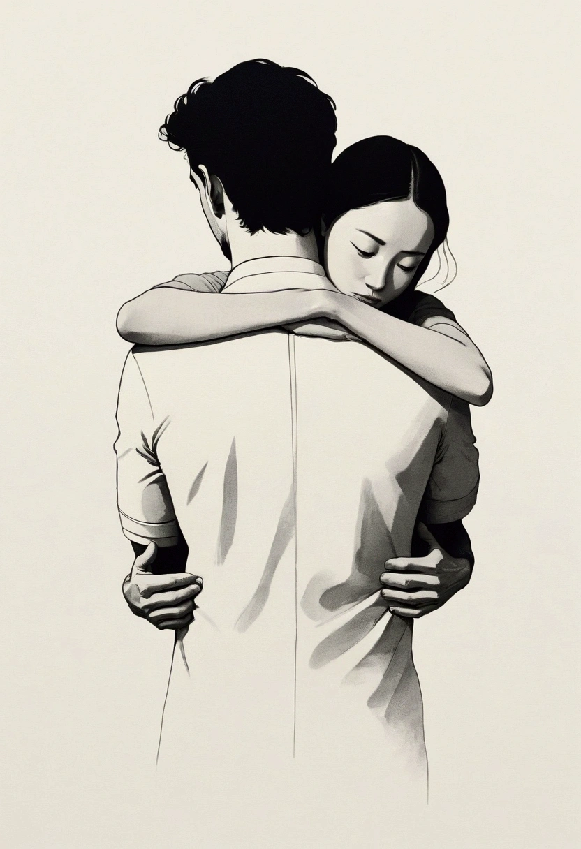 Great painting，highest quality，The best paintings，super detailed， painting of a couple Embrace each other in a hug, Emotional oil painting, author：William Thorn, charcoal drawing, Painting of two people, black and white painting, by Emily Shanks, Charcoal on paper, a charcoal drawing, Embrace and cradling, Embrace, Hold on tight, Embrace, oil painting on canvas, Embrace of Love, author：Shen Zhou, Charcoal art