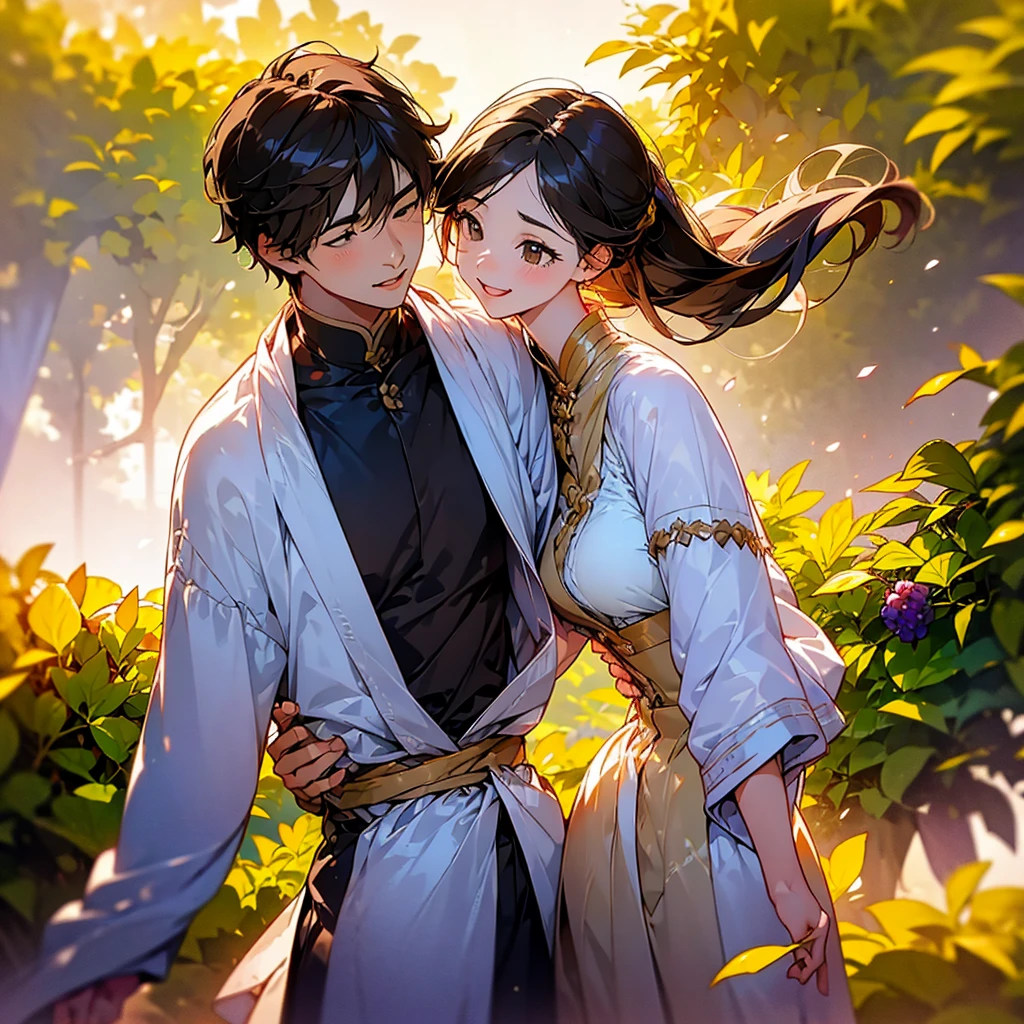 A couple looking at each other,Among them the men wore the clothes of ordinary farmers,Holding an old cow,The woman wears gorgeous Tiangong costumes,Tools for weaving cloth in hand。Between the two,Although there is a distance,But eye contact,Full of anticipation。
