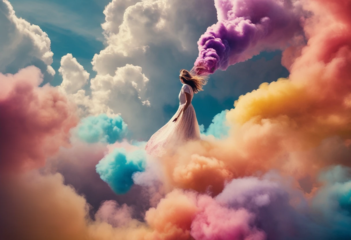 Une œuvre d'art numérique surréaliste mettant en scène une silhouette féminine semi-abstraite émergeant d'un nuage tourbillonnant de couleurs vives, hibiscus, notamment des violets profonds, des rouges et des blancs doux. La figure est représentée dans une pose gracieuse avec des détails complexes sur son torse et ses cheveux flottants, se fondant parfaitement dans l'arrière-plan éthéré semblable à de la fumée qui transmet une impression de mouvement et de fluidité