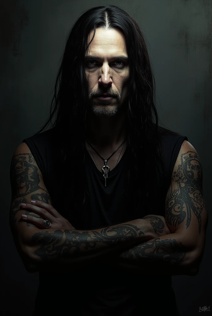 Homem com cabelos longos e tatuagens posando para uma foto, com seus longos cabelos pretos, com longos cabelos pretos, Laszlo Szabados, inspirado em Ludovit Fulla, sebastian ludke, com cabelos longos e olhos penetrantes, inspirado em Serhii Vasylkivsky, longos cabelos escuros, Leonid, cabelos longos escuros