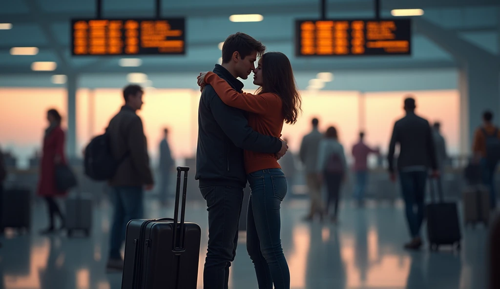 Couple embracing, farewell, luggage, Train station, illustration in the style of Jean-Pierre Gibrat