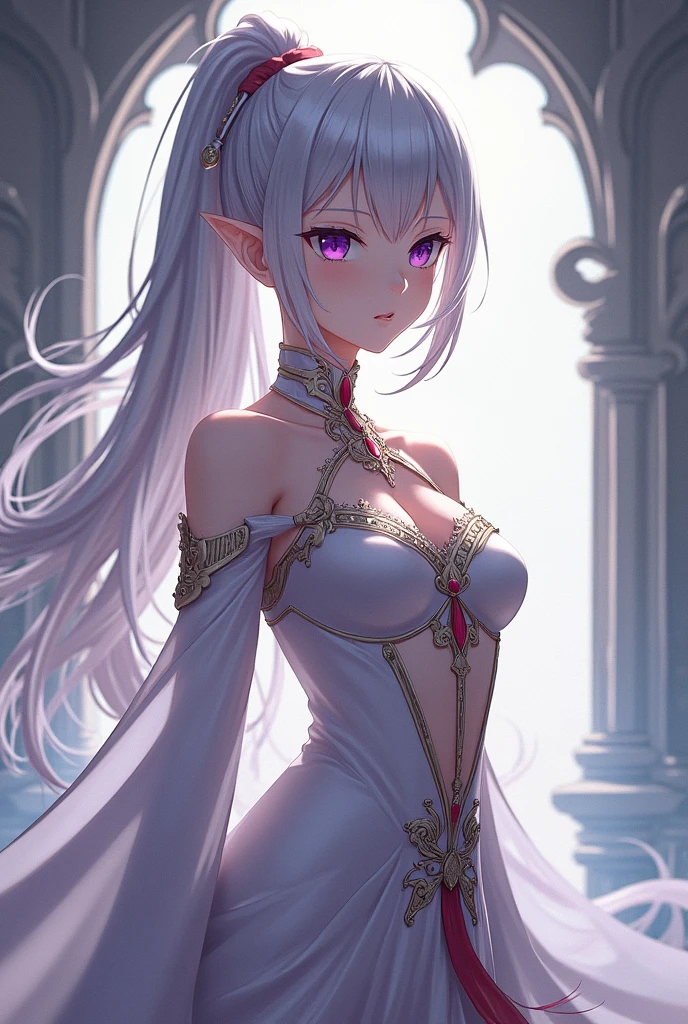 1girl, anime, cute girl, elf, blank background, white background, fantasy, detailed dark fantasy dress with highlights, beautiful face, beautiful eyes, dark colors, medium breasts, slight cleavage, beautiful skin, cute, silver hair, red eyes, breast curtains, extremely delicate and beautiful, (beautiful detailed face:1.0), (detailed deep eyes), symmetrical breasts, deep eyes, shiny skin, portrait, slender waist, hips wider than shoulders, thighs, young girl