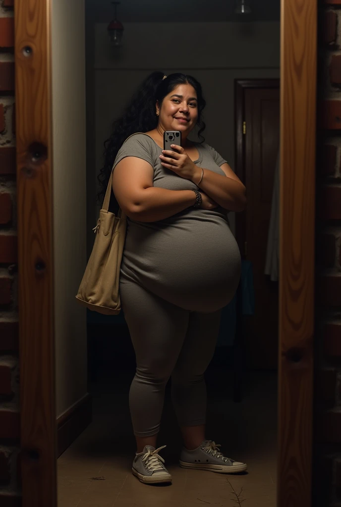 Pov fisheye camera view when pregnant fat plus size mother from Spain has a big belly 9 months 39 weeks taking a selfie wearing a bikini, wearing a watch while holding an iphone11 in front of the bathroom mirror with a bra that looks big. HD, cinematic, 32k UHD, ultra detail, extra-high sharpen, masterpiece