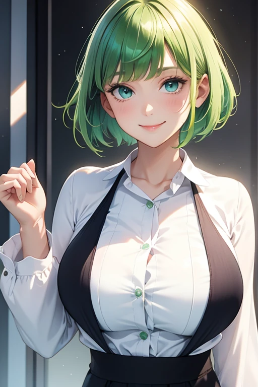 big bangs,beautiful bangs,green hair,Emerald hair,short hair,short hair,bright face,upper body up,chest up,business woman,intellectual,smile,jacket,white shirt , laughter,drooling eyes, alone,Flow of hair that extends to the face,Big light blue eyes shine charmingly,green one piece,eyeliner,Shining white skin,