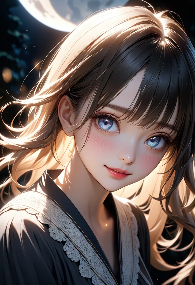 a beautiful girl confessing her love under the light of a large full moon, her face flushed with nervousness and shyness, gazing up with large, captivating eyes, dramatic shadows and backlighting, (best quality,4K,8k,highres,masterpiece:1.2),ultra-detailed,(realistic,photorealistic,photo-realistic:1.37),dramatic lighting,stunning detailed eyes,extremely detailed face,flawless skin,long eyelashes,detailed lips,soft lighting,cinematic,romantic,emotional,radiant colors,glowing moon,dark night,reverse backlighting,underexposed,unreadable expression,moonlit aesthetic,dramatic shadows,looking directly at viewer, (shot from above:1.37), blush, A meaningful smile, Draw the moon high up, Fluttering hair,