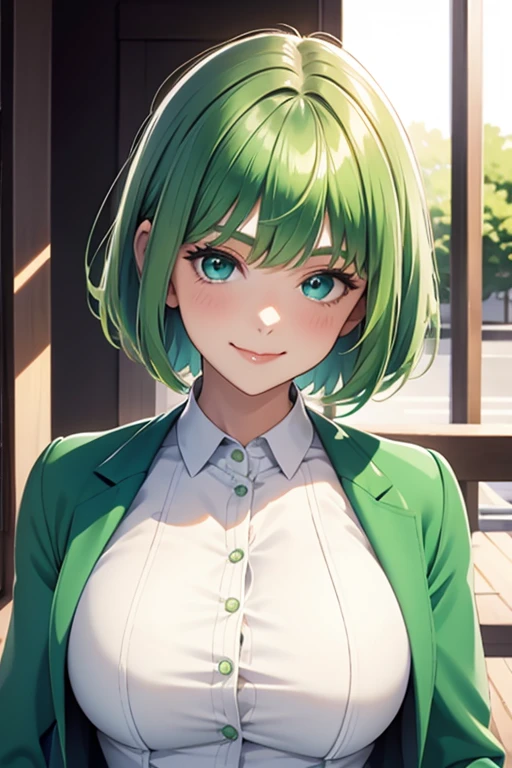 big bangs,beautiful bangs,green hair,Emerald hair,short hair,short hair,bright face,upper body up,chest up,business woman,intellectual,smile,jacket,white shirt , laughter,drooling eyes, alone,Flow of hair that extends to the face,Big light blue eyes shine charmingly,green one piece,eyeliner,Shining white skin,