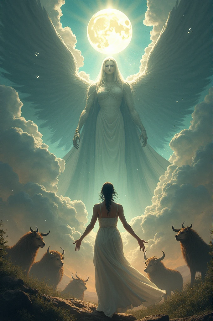 Goddess Athena with wings in the sky thunder and trident in hand , And Zeus from his side