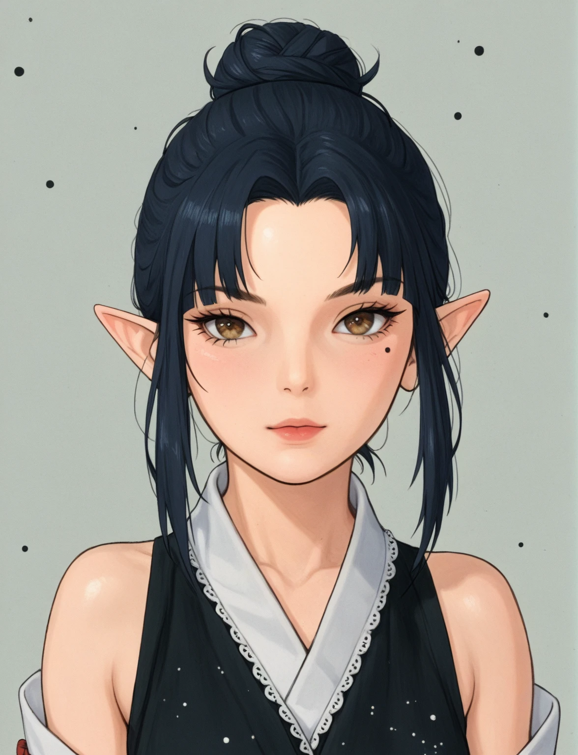 Create a digital illustration of a female character with elf ears with round dots instead of eyebrows. For the hairstyle, she should have black hair styled into a single bun at the back of her head, complemented by asymmetrically chopped bangs that transition into a long lock on one side. Her outfit should match short hakama with detached sleeves and frills under the shorts and the sleeves, in a gothic style, featuring intricate white lace patterns, detailed cutouts, and a white obi with a black seigaiha black pattern. The upper part of the outfit should be a sleeveless kimono blouse. The outfit should include layered skirts and ribbon details to emphasize a similar aesthetic. Add a muted background that complements her striking attire and hairstyle. Artwork in the style of guweiz, digital art inspired by the style of Ilya Kuvshinov.