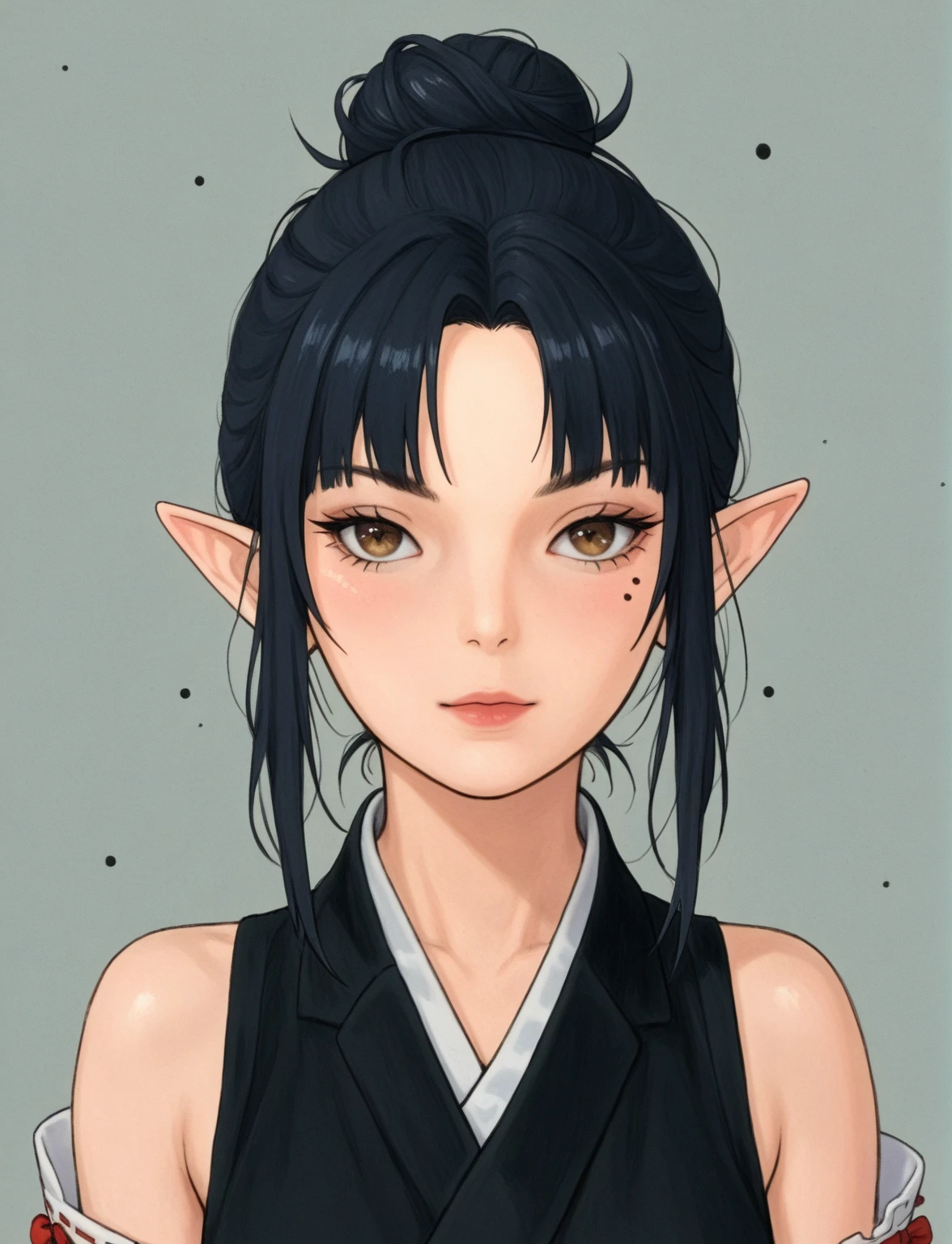 Create a digital illustration of a female character with elf ears with round dots instead of eyebrows. For the hairstyle, she should have black hair styled into a single bun at the back of her head, complemented by asymmetrically chopped bangs that transition into a long lock on one side. Her outfit should match short hakama with detached sleeves and frills under the shorts and the sleeves, in a gothic style, featuring intricate white lace patterns, detailed cutouts, and a white obi with a black seigaiha black pattern. The upper part of the outfit should be a sleeveless kimono blouse. The outfit should include layered skirts and ribbon details to emphasize a similar aesthetic. Add a muted background that complements her striking attire and hairstyle. Artwork in the style of guweiz, digital art inspired by the style of Ilya Kuvshinov.