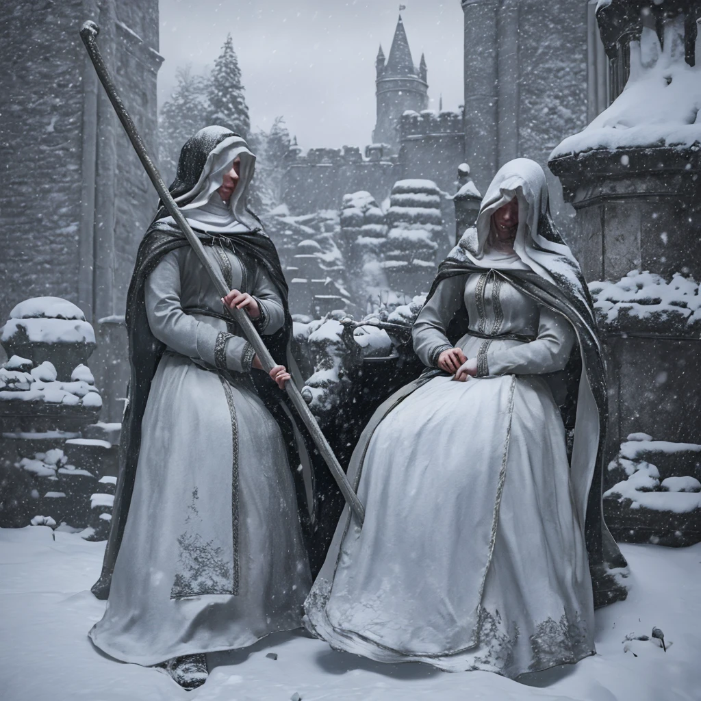 Sister_Friede
masterpiece, best quality, absurdres, outdoors, snow, castle, holding scythe