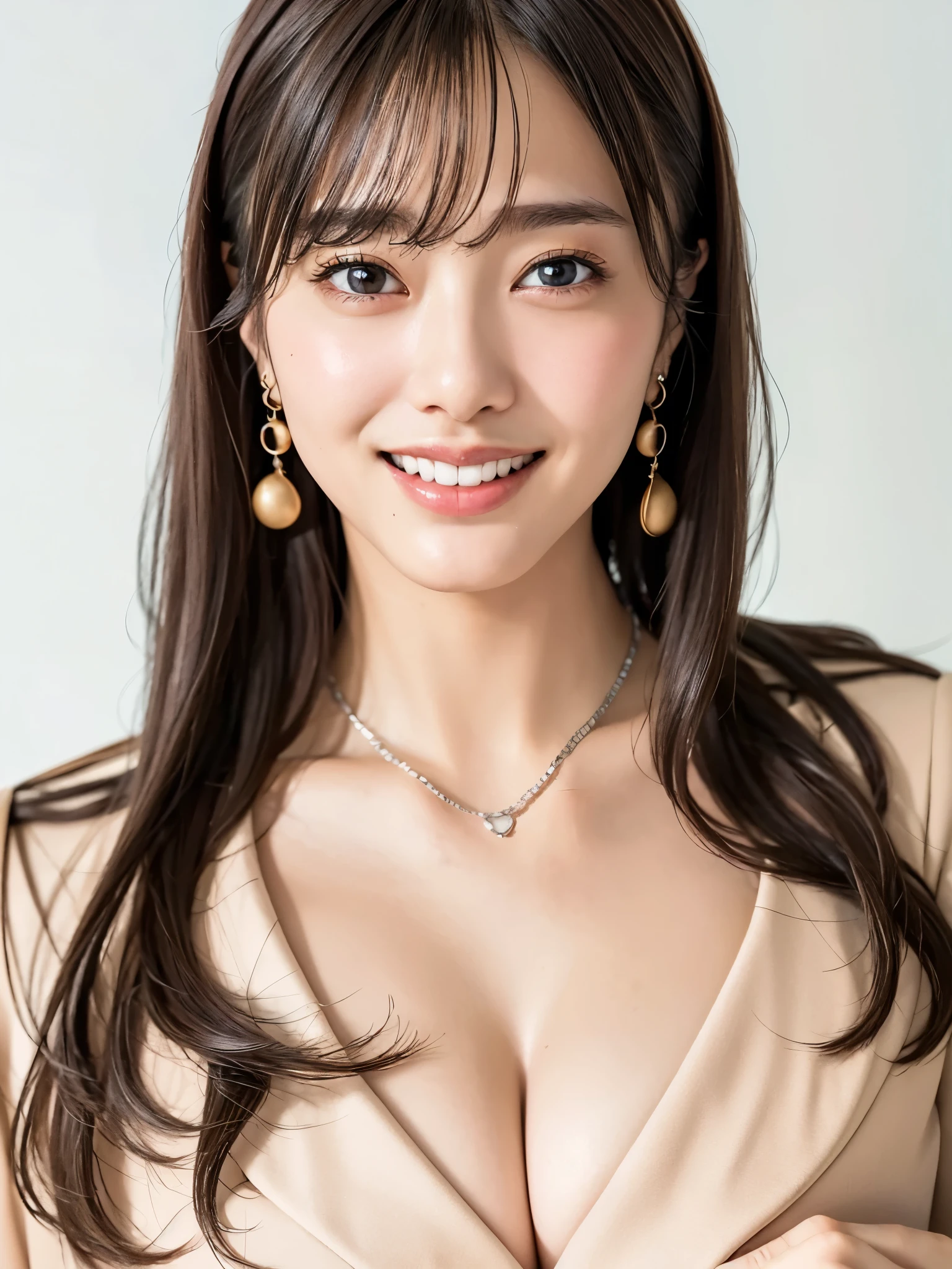 highres, realistic, solo, Japanese woman, politician, japan's most beautiful woman,(cleavage:1.1),earrings, real skin, mole, smile, silver necklace, blurry background, beautiful bust line,(poster style),upper body,((simple white background)),teeth, jacket, suits, large characters vertically, headline