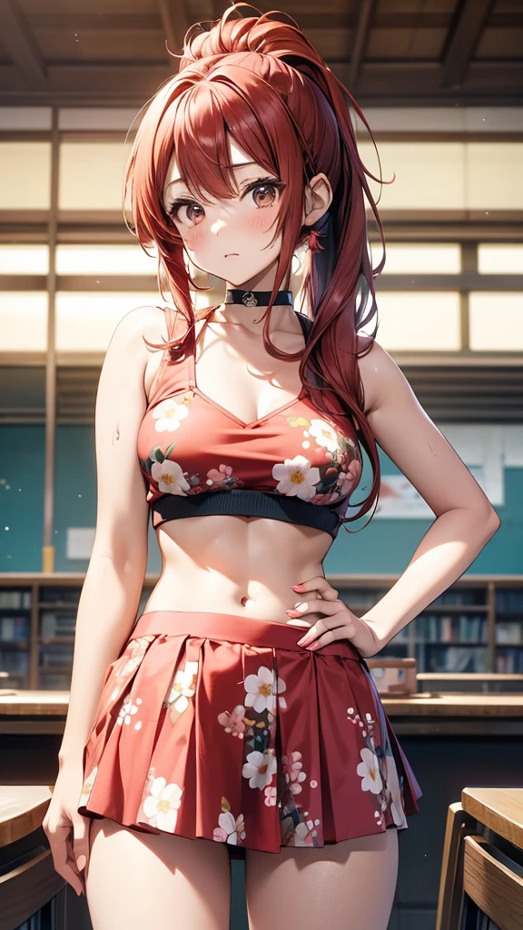 (suzu), ore no imouto ga konna ni kawaii wake ga nai, 25-yers-old girl with crimson red hair- pulled up into twin ponytails, wearing a floral crop top and mini skirt, library background, reaching out for a book, look surprised, back turned 