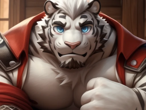 breathing (ultra detailed),  (masterpiece:1.2), (beautiful detailed eyes:1.6), (perfect hands, perfect anatomy), ultra detailed,  realistic, bodybuilder, Arknight-Mountain , ultra detailed, 4k resolution, protuberância, white fur  looking at viewer, smile, bara, pectorals, white fur  1boy, male focus, solo,  white tiger tail, anime, dialogs, dialog box, ,, mating season ,  dynamic movement,  , dynamic movement,  , sex, hq style, pages, comics 