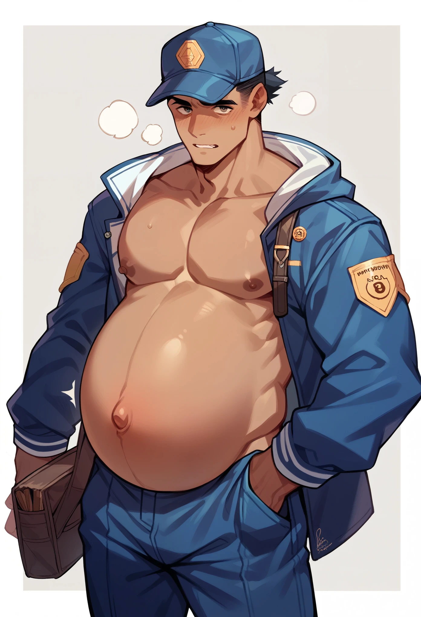 A very pregnant courier in his usual uniform. He is tanned, wearing a cap. His belly sticks out with his bellybutton popped out. He is fully pregnant. He looks shy and had a bag.
