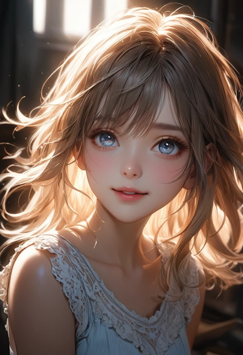 a beautiful girl confessing her love, her face flushed with nervousness and shyness, large captivating eyes, dramatic shadows and backlighting, (best quality,4K,8k,highres,masterpiece:1.2),ultra-detailed,(realistic,photorealistic,photo-realistic:1.37),dramatic lighting,stunning detailed eyes,extremely detailed face,flawless skin,long eyelashes,detailed lips,soft lighting,cinematic, romantic,emotional, radiant colors,glowing, reverse backlighting, underexposed, unreadable expression, looking directly at viewer, (shot from above:1.37), A meaningful smile, Fluttering hair, messy hair, 