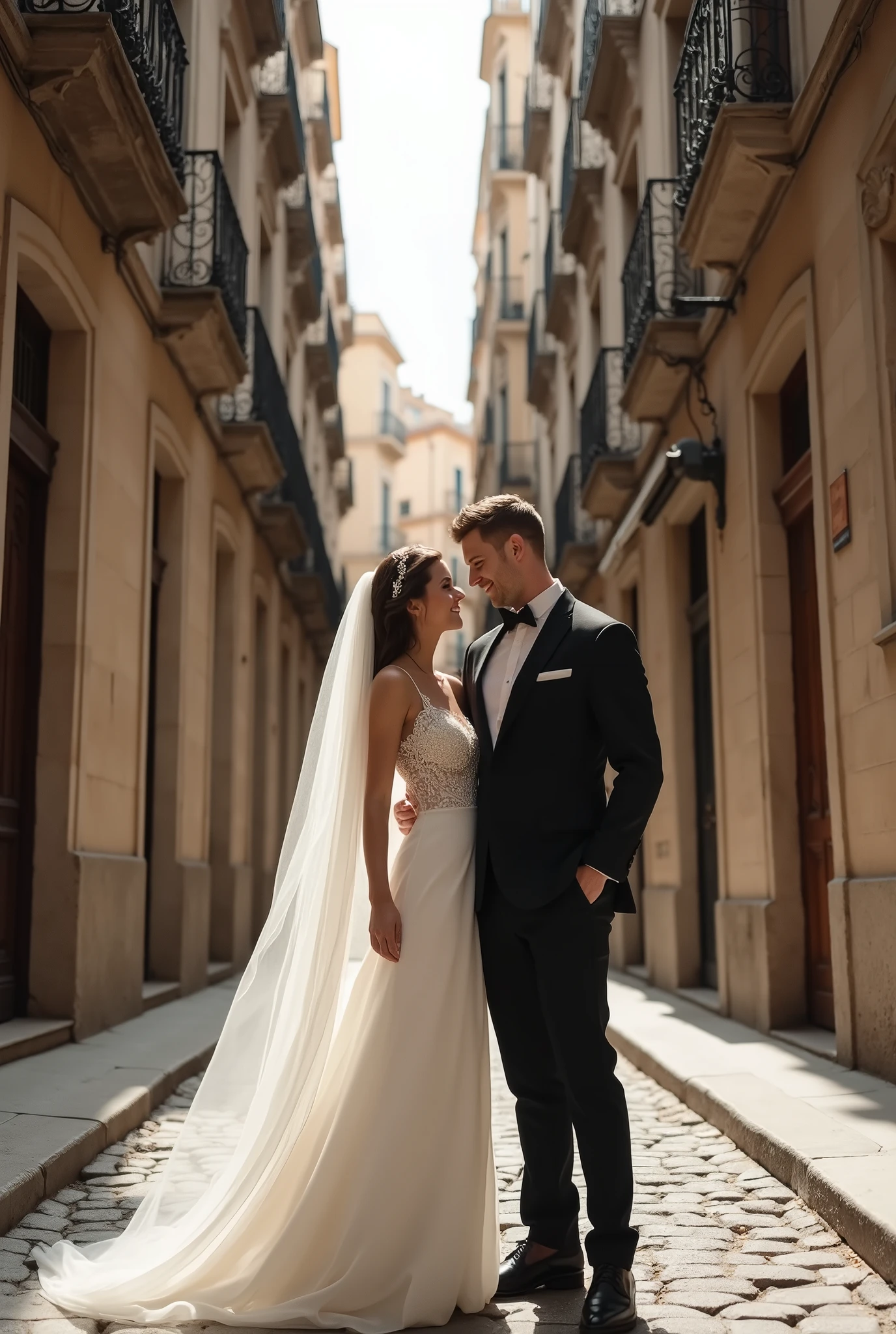 A couple kisses goodbye in an empty street, The street lamps at night shone on the two of them