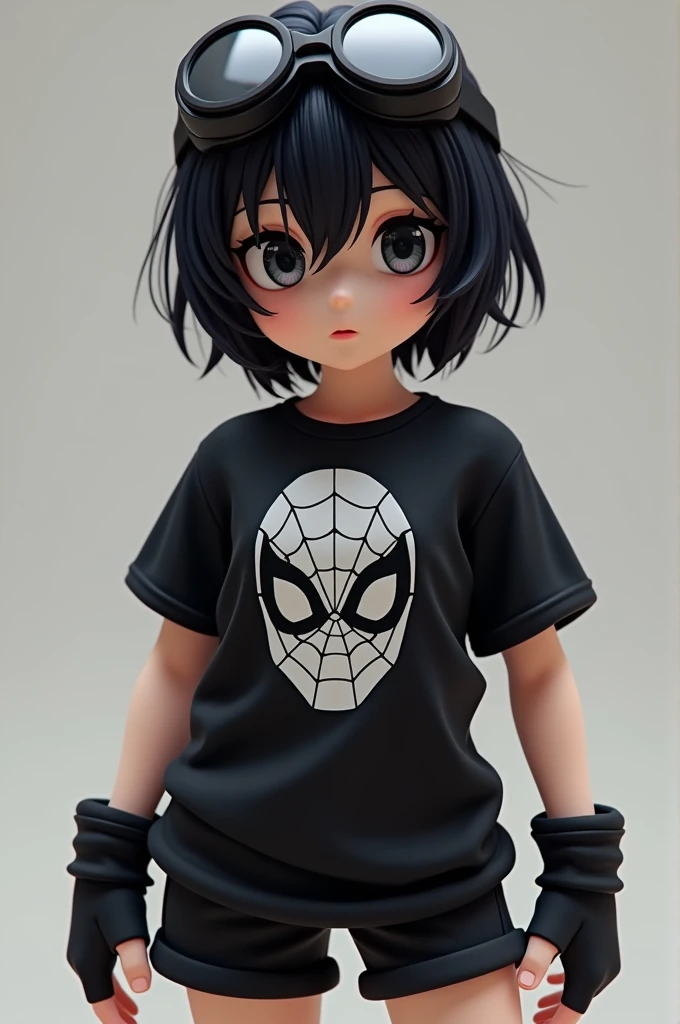A sketch of a girl with half her face in Venom makeup, with a ponytail in her black hair,  wearing a short-sleeved blouse with a Venom spider in the center ,  and with a black skirt with two white stripes , The stockings are below the knee in black and have two white stripes, and black military-style boots with black decorative confetti on the sides