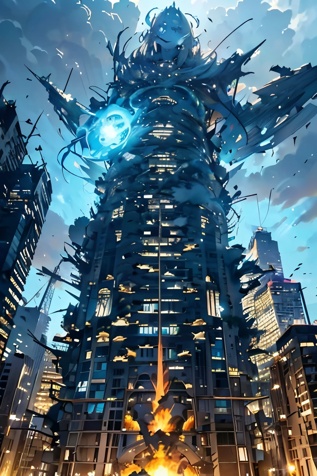 destroyed city, angle from below, (300 meter tall huge goddess floating, emits light from all over the body, last judgment, blue flame, lost pupils, drooping eyes, realistic skin, open mouth, (masturbating by straddling the building), trace of tears), 