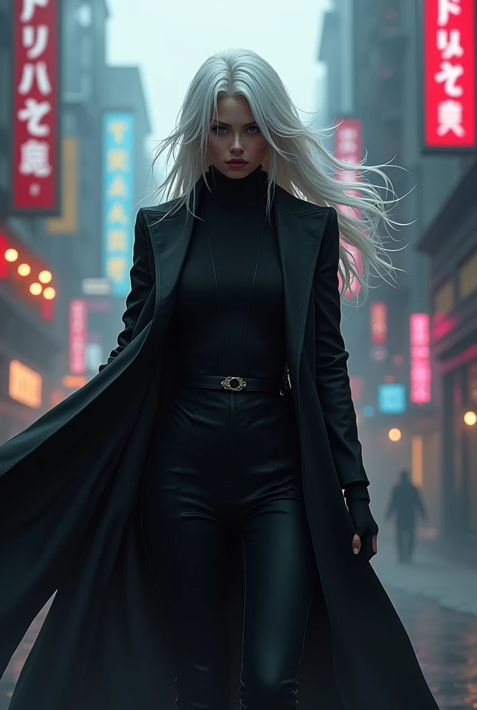 In sharp contrast a gorgeous white long hair khazakstan girl dressed all in kill bill suit proudly prowls towards the viewer, against the flow of people walking away from the viewer. She holds in her gloved right hand a long and sharp sparkling samurai sword. In a dimly lit, gritty cyberpunk city street, shadows dance across the cracked asphalt as trash and debris litter the ground. Abandoned flying cars, now mere rusting relics, stand like tombstones to a forgotten era, night time, make it vignette, dark city, alone, slender body, slim body, slightly puddle on asphalt, windy hair, backlighting