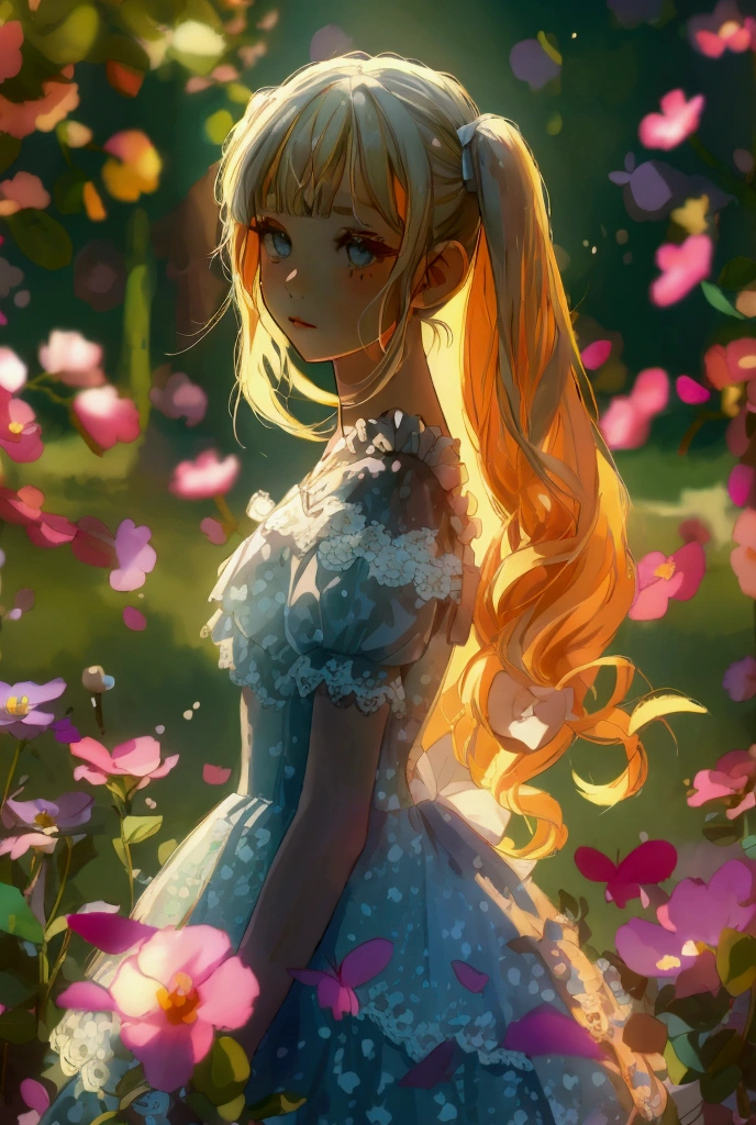 A girl in a twin-tail hairstyle wearing a lolita dress, with pastel colors and lace details, standing in a whimsical garden filled with flowers and butterflies, showcasing a playful and innocent expression.