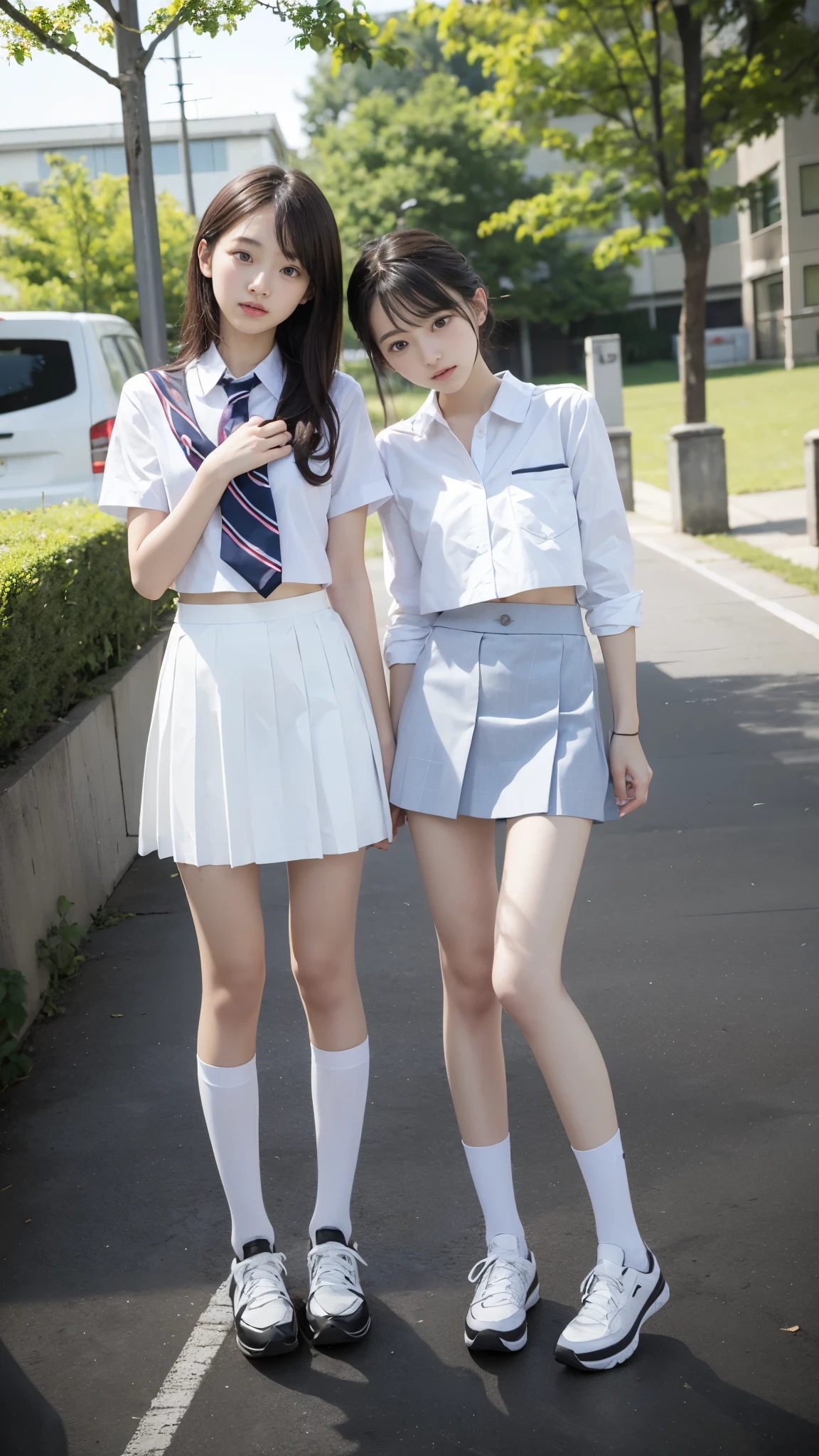 High detail, Textured skin, Very detailed, Ultra high definition, High-resolution model, Detailed face、bare navel、Twins, two girls, two high school girls、(((flat chest))), (flat chest:1.1)、 ars、a junih school stuiforms、Cute, young, (Full body:1.3)、Ultra-detail、​masterpiece、top-quality、超A high resolution、8K high image quality、Photogenic clarity、A detailed eye、Real live-action、Spring outdoor、Model Standing、Beautiful posture、High detail, Textured skin, Very detailed, Ultra high definition, High-resolution model, 