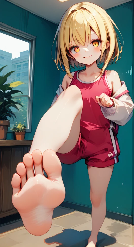 score_9,score_8_up,score_7_up,score_6_up,score_5_up, swim suit, indoor swimming pool hall,,Mami Nanami from Rental Girlfriend, blonde-beige hair, Solitary, indoors,barefoot,Foot Focus,hypno feet, hypnotic feet, Koneko Toujou from Highschool DxD tries to hypnotize viewer with soles of feet, possessive, mind control, brainwash, 3D Rendered Anime style, short hair, standing and show foot,shanding and show sole,standing on one leg,foot focus,sole,barefoot,no shoes, young soles, smug, yellow soles