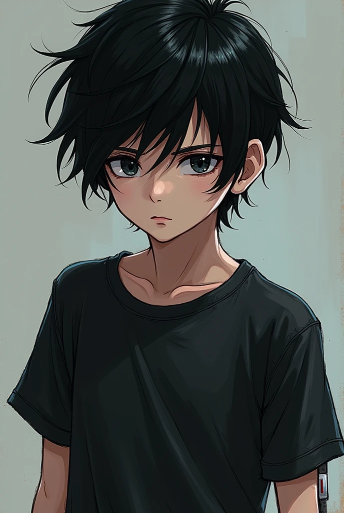 Messy black haired boy, young fair skinned, black eyes, kind of serious with cybercore style, the fabric shirt marks his abdomen, anime style 