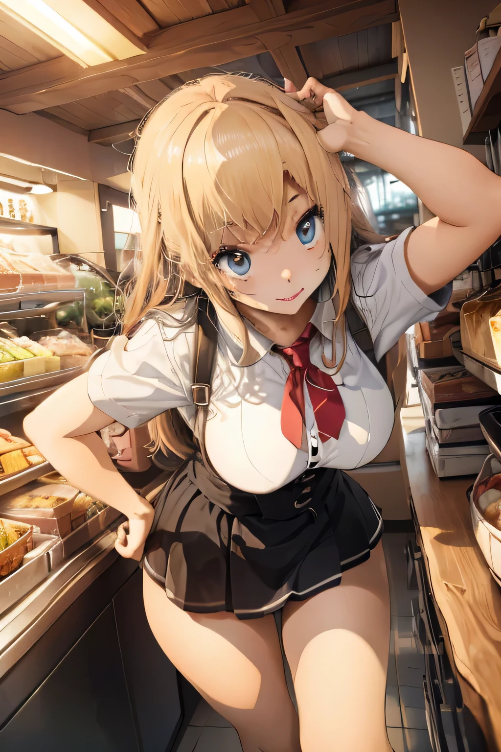 (Very detailed CG Unity 8K 壁紙),(masterpiece), (Best Quality), (Very detailed), (Best illustrations),(Best Shadow), (Camel Toe 1.2)、Beautiful eyes、Big Breasts(Emphasis on leaning forward 1.2)、Tight waist、Perfect Body、(Tied Hair、Bangs up 1.2)、Maid Cafe(There are three customers in the store.)、Waitress、Stylish、Pure white panties