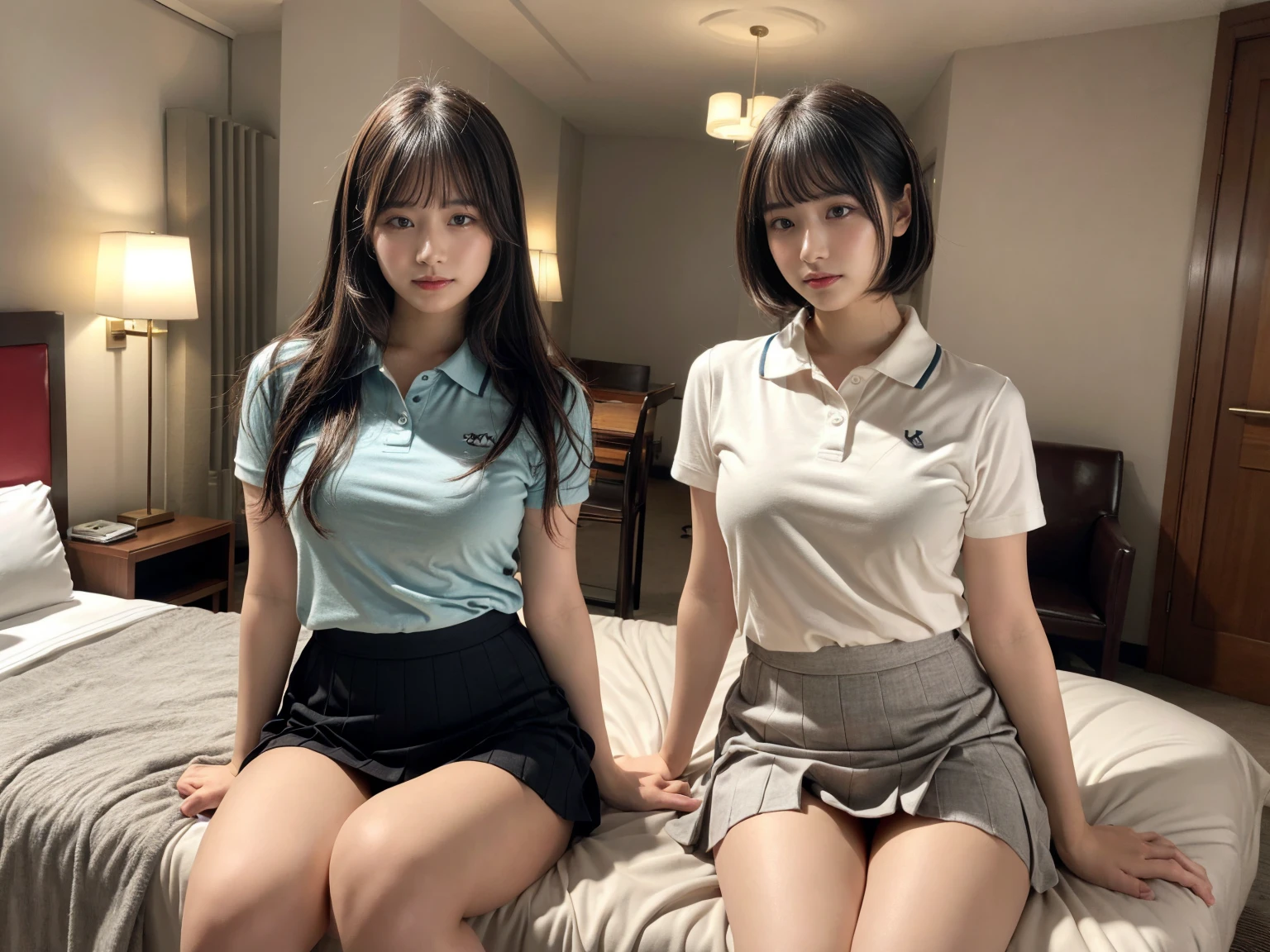 masterpiece, best quality, illustration, Super detailed, fine details, High resolution, 8K,wall paper, perfect dynamic composition,(Details High quality, realistic depiction of eyes:1.3), (2 girls), (collared polo shirt), pleated skirt, knee high socks, twin tails, sitting, open legs, in a hotel room in the background, deep on field, large breasts, black hair color, Big Natural Color Lip, (perfect body shape), crying a little、Harajuku style、20 year old girl、cute type、beautiful legs, Gravure Idol