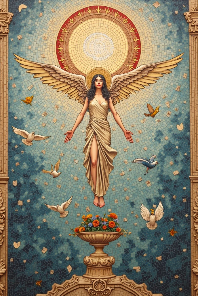 Ethereal photograph of a mystical girl with straight black hair. eigtheen years, with open arms, radiating light around him and ascending to the sky. Body naked. His feet are golden. Huge open white wings, spiritual, sublime, sacred, rising above a green and flowery plateau. Digital art. Fine details on face and body. High definition.
