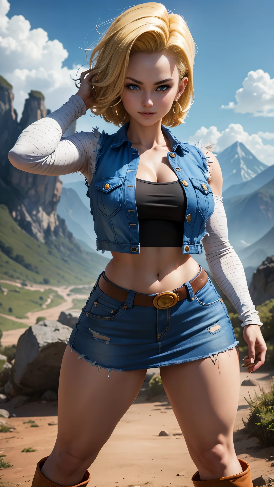 Android 18 da dragon ball,(best qualityer,4K,8k,high resolution,work of art:1.2)(weather: windy), mountain road background, battle ruins, short curly hair, blonde hair, black strapless top, tight mini skirt, brown boots, denim vest, earrings, pantyhose, combat pose, ultra detailed,portrait,realistic,beautiful detailed blue eyes, beautiful detailed lips,extremely detailed eye and face, long eyelashes,average, large breasts,flying hair,beaming smile, sexy smile,powerful girl, bright coloured, dramatic lighting, torn clothes, muddy body,