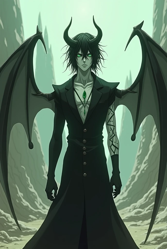Straight black hair, green eyes, muscular, demon, gray skin, no cloths, black demonic horns on the head, black demonic wings, demonic tail , broken handcuffs, torn black jeans, in the forest, at night, floating in the air, solo, looking at the viewer, cowboy shot, male, masterpiece, giant