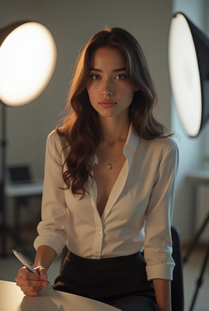 Portrait of a girl naked in an office super detailed, naked lying with her legs spread , naked breasts , visible vagina hyperdetail , super beautiful Kaia Gerber