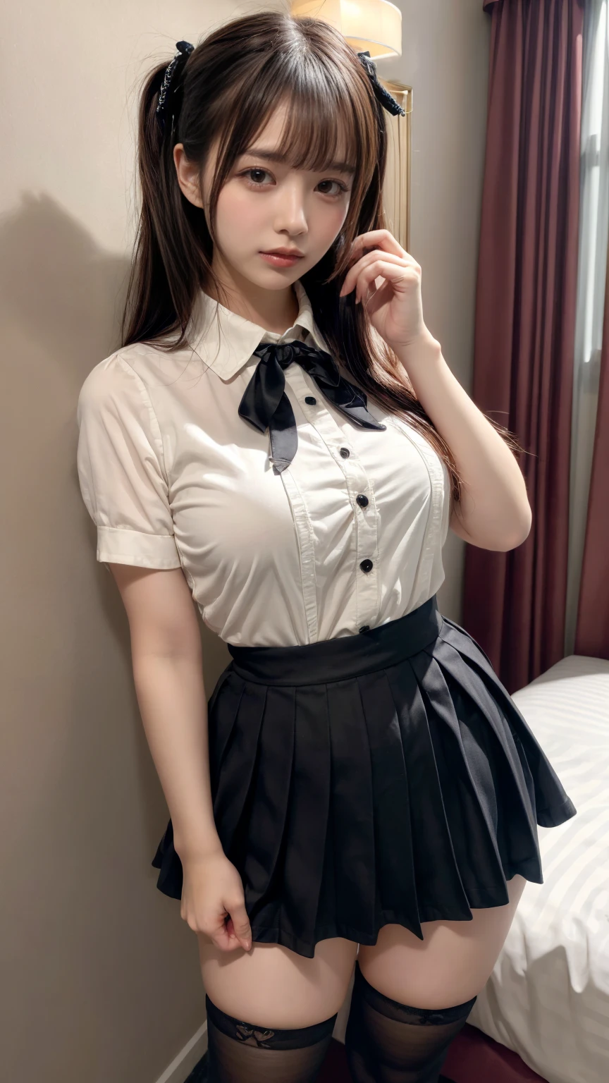 (best quality, 4k, Masterpiece, Ultra detailed, hyperrealism, RAW quality) tied hair, standing, wearing black swimsuit, she is wet holding white towel, (behind her uniform: skirt and blouse hanging on wooden hook) , very illuminated, very sharp image, vivid colors.