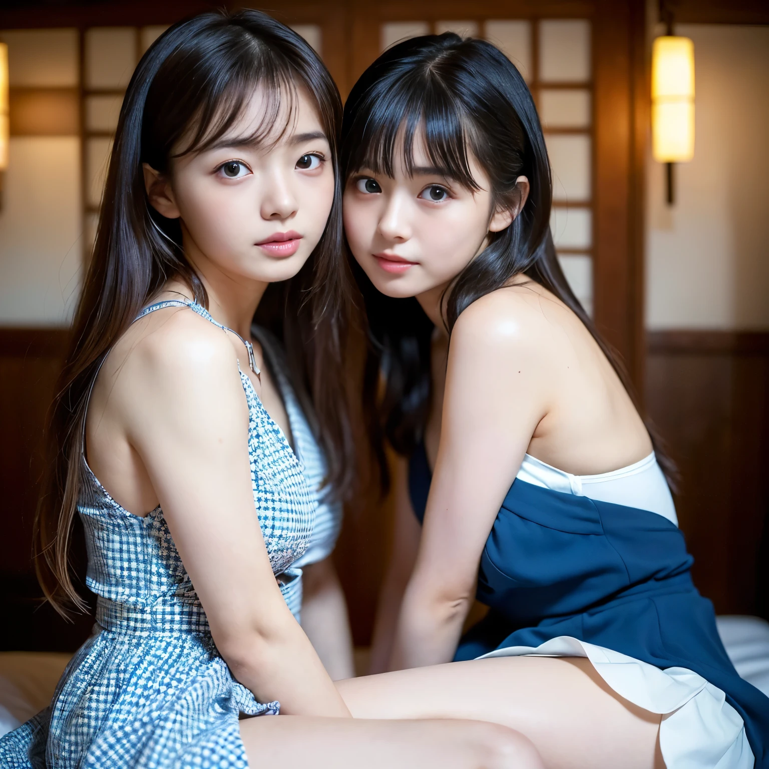 Top quality, (((2 beautiful girls)))), there is a girl in white transparent underwear on the bed, (cheeks uplifted), (sweating), (crying),sleeping, (kissing), riding on top