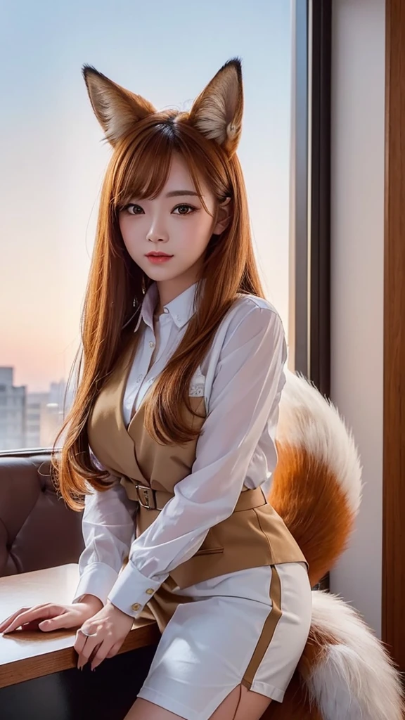 ((Highest quality, 8k)), ((masterpiece)), (Highest Resolution), Perfect Face, Fox Girl, high school girl, Beautiful woman, public, One tail, she has thick thighs, Big tail, She has a yellow fox tail., She wags her tail, Troubled face, Fur collar, She is wearing a short skirt, Beautiful Hips , Big Breasts, The skirt is rolled up at her tail