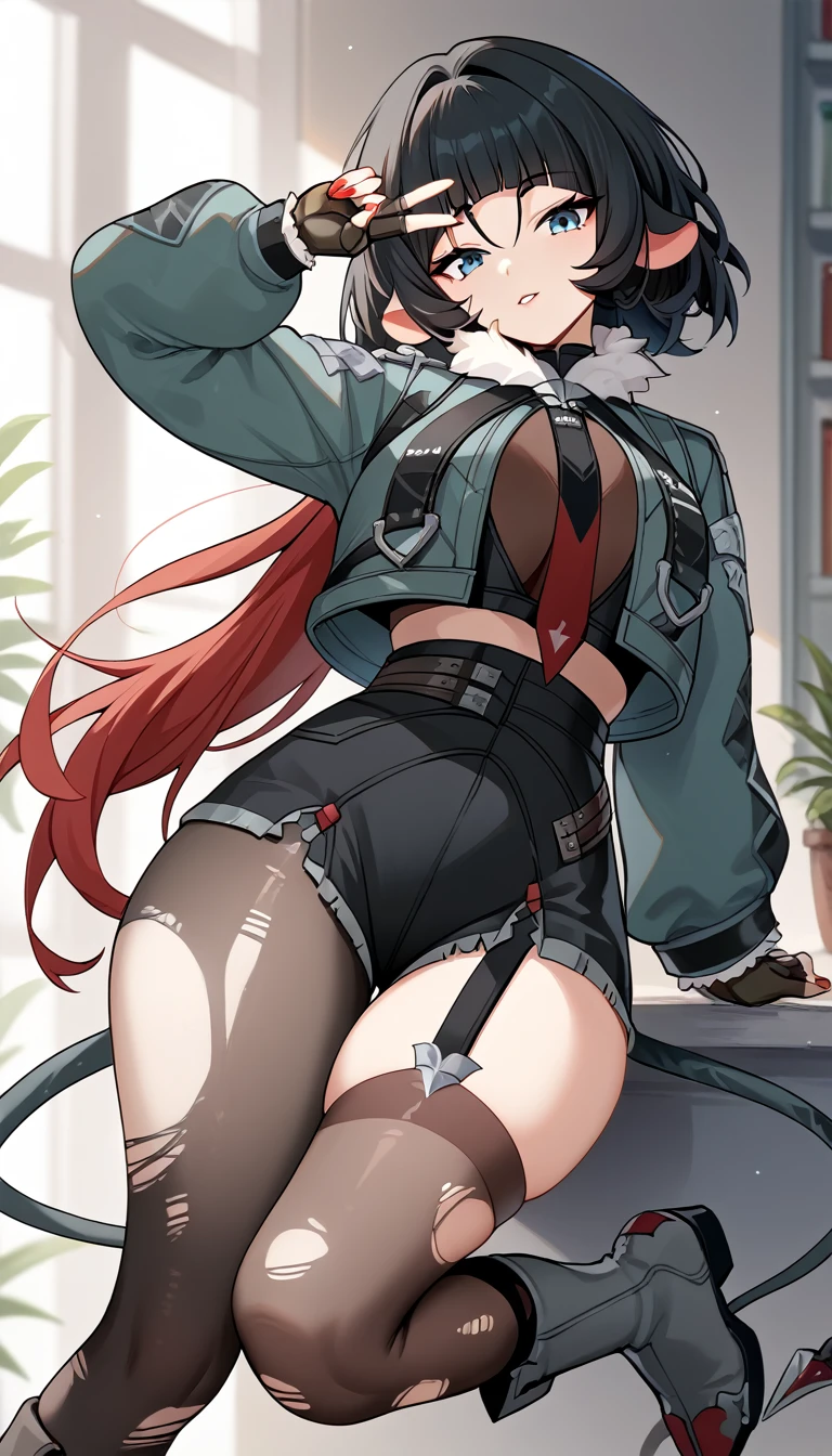 1girl, janedoe, bangs, black hair, blue eyes, red hair, long hair, mouse ears
fur-trimmed jacket, green jacket, long sleeves, red necktie, high-waist black shorts, belt, fingerless gloves, single leg pantyhose, torn pantyhose, torn thighhighs, grey boots
tail, red fingernail