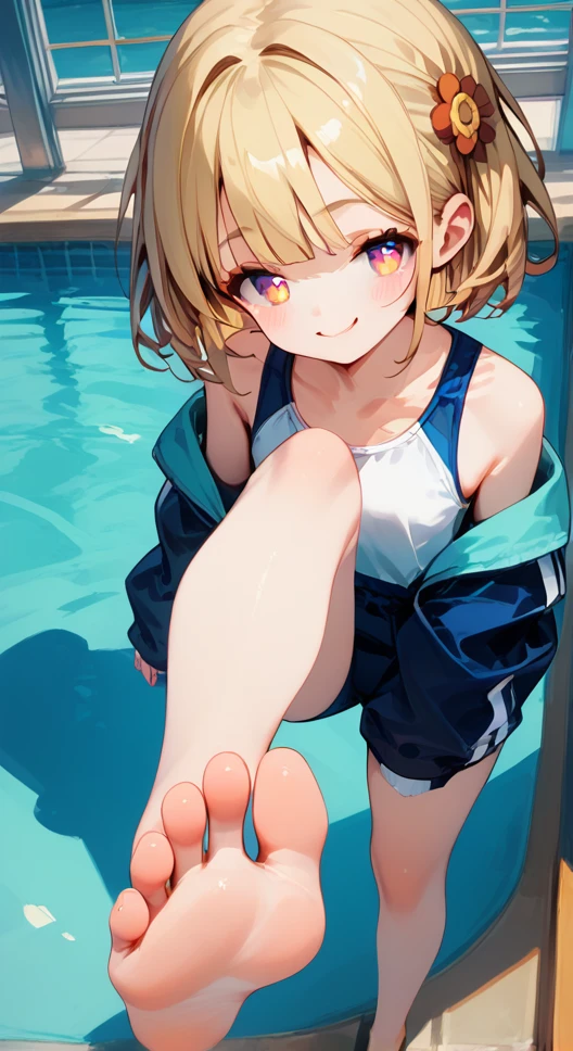 score_9,score_8_up,score_7_up,score_6_up,score_5_up, swim suit, indoor swimming pool hall,,Mami Nanami from Rental Girlfriend, blonde-beige hair, Solitary, indoors,barefoot,Foot Focus,hypno feet, hypnotic feet, Mami Nanami tries to hypnotize viewer with soles of feet, possessive, mind control, brainwash, 3D Rendered Anime style, short hair, standing and show foot,shanding and show sole,standing on one leg,foot focus,sole,barefoot,no shoes, young soles, smug, yellow soles, tries to seduce with soles of feet