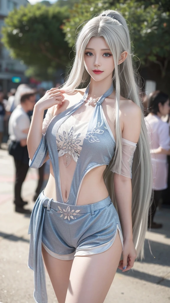 Close-up of a white-haired girl、Beautiful character painting、Gulwitz、Gurwitz-style artwork、White-haired god、author：Yang Jie、Epic and beautiful character art、Stunning character art，author：FAN Qi、Wu Junshifan、Elf Art Street Gouvez、Single ponytail、insult、High Ponytail、tall、Long Legs、（Sleeveless lace shirt）、（shorts）、（stripe）、（（stripe））、walk、grace、dignified、、Beautiful curves、Sweet smile、Strong sense of detail and layering、Colorful的色彩，Has a unique texture、Colorful、Bright colors、Design Art，16k，Ultra-detailed，{{illustration}}，{Extremely refined}，{Exquisite surface treatment}，Ultra-fine，Delicate and shining eyes，{{Movie Lighting}}，Extreme lighting effects，Model：Realism，CFG size：12，Laura：Bright textures（1.35），High quality，masterpiece，Delicate facial features，Detailed hair depiction，Detailed drawing of the eyes，masterpiece，Best quality，Ray Tracing，Extremely detailed CG unified 8k wallpaper，masterpiece，Best quality，（1 girl），Perfect body，（（（Skinny white T-shirt）），Beautiful eyes，（Delicate face），Black short hair，Tie your hair up，Light blue hairpin，Black silk frame glasses，（White skin），（Optimal lighting），（Super intricate details），4K Unified，（Super detailed CG），Showing off her white legs，Hot Pants，shorts，