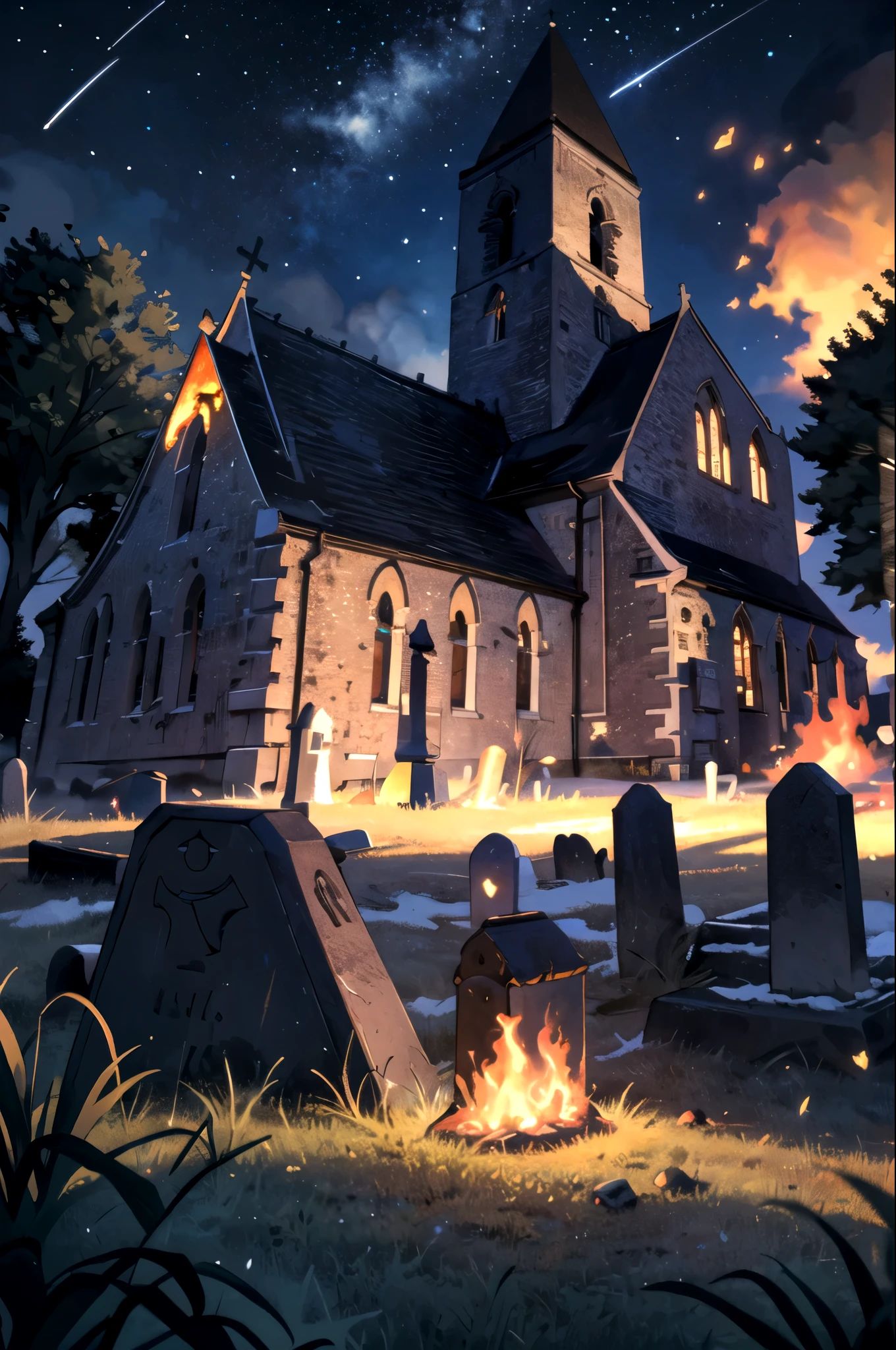 ((masterpiece)), (best quality), official art, extremely detailed CG, unity 8k wallpaper, ultra detailed, highly detailed, detailed background,
EdobChurchCemeteryCreepyNight, church, burning church, flame, fire on church, cemetery, black sky, in the dark, 
shooting stars, 1girl looking up at the curch, 
