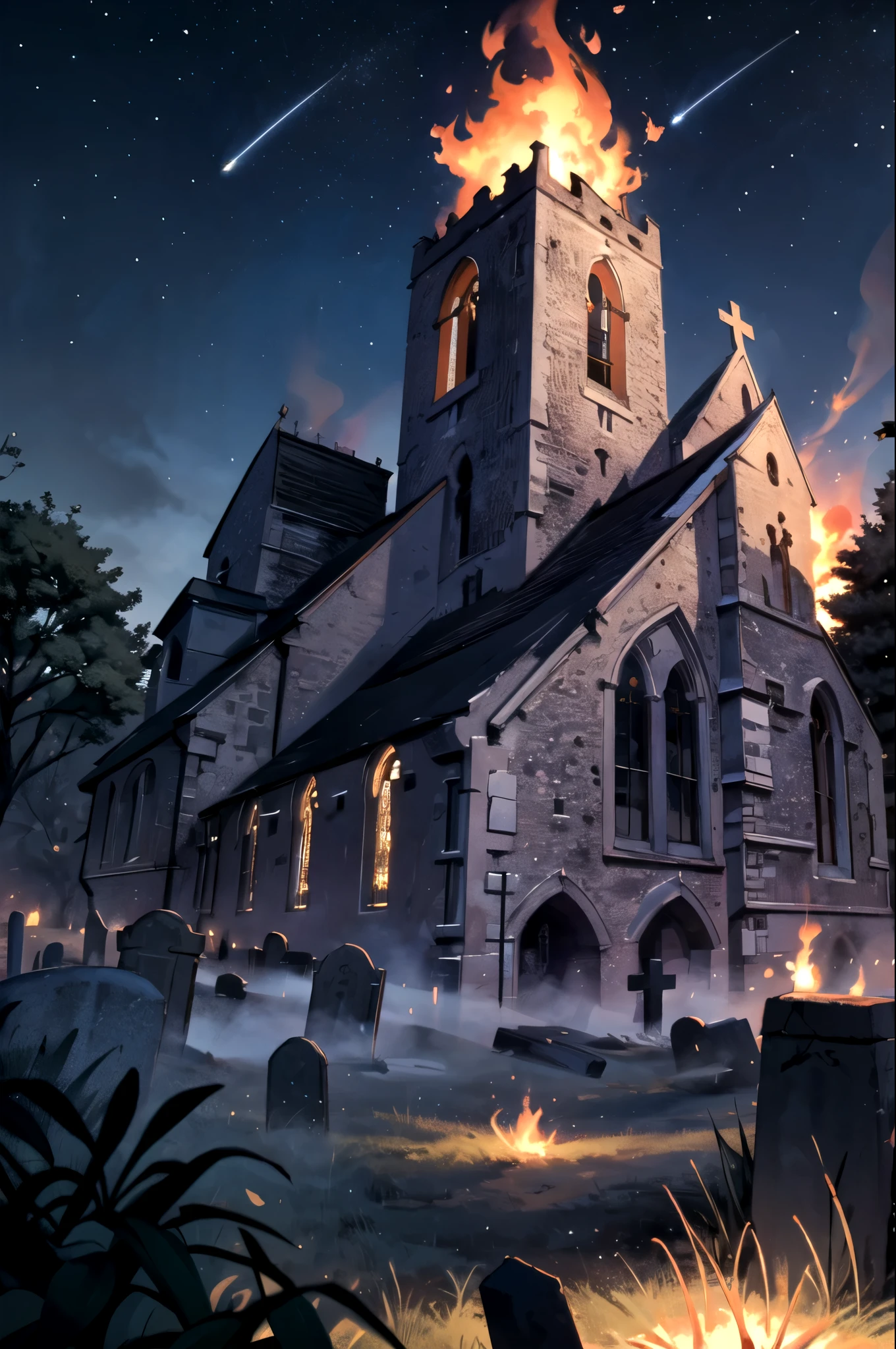 ((masterpiece)), (best quality), official art, extremely detailed CG, unity 8k wallpaper, ultra detailed, highly detailed, detailed background,
EdobChurchCemeteryCreepyNight, church, burning church, flame, fire on church, cemetery, black sky, in the dark, 
shooting stars, 1girl looking up at the curch, 
