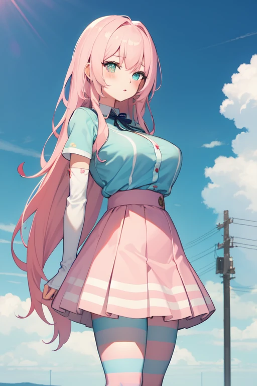 Simori,Naughty big、large full breasts、 Short skirt, Standing, Beautiful eyes, Blue eyes, Happy, School uniform, 独奏、Angry、glaring、eye brows up、(Skirt lift:1.3), (white panty:1.3)、(Skirt that rolls up:1.3)、(Fully exposed panties:1.5)