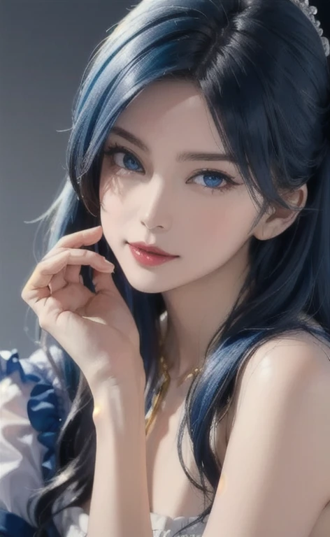((highest quality)), ((masterpiece)), (get used to it), perfect face , adult beautiful girl , beautiful long black hair , beautiful blue eyes , In underwear ,  medium breasts , Blue roses scattered , lie on the bed ,