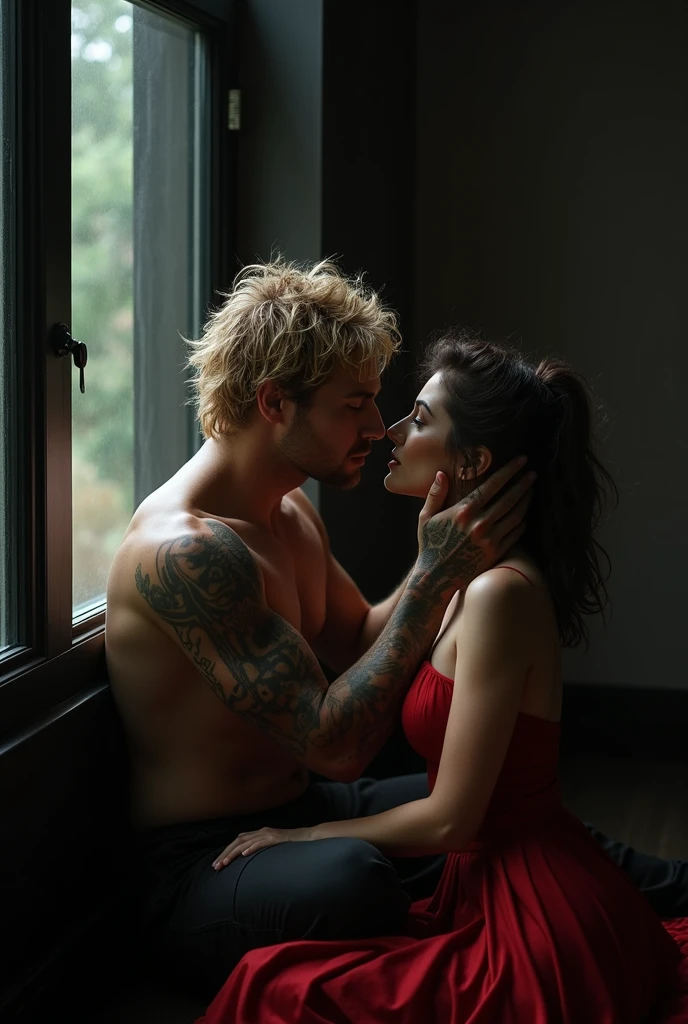 216 cm tall, 33-year-old man, short crew cut platinum blond wavy swept back hair, dark skin, red eyes, Arabic-Egyptian features, black pants, intense expression looking down at her, straddling a 24-year-old far shorter woman on her back looking up at him with vibrant maroon side parted wavy hair and light skin wearing white pants and black bra beneath him on a bed in a black and wood minimalistic bedroom, dark lighting, photorealistic, cinematic