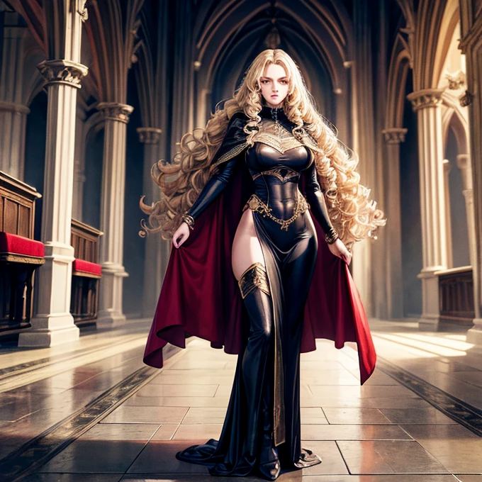 full body beauty queen very long blond braided hair, blue eyes, red lips, thin tall perfect figure, perfect thighs, long shapely legs, long narrow gold decorated metal armor, wide shoulder guard, black leather gloves on her hands, high heeled boots, goes in the colonnade of a dark gloomy medieval castle, ultra-realistic digital photograph