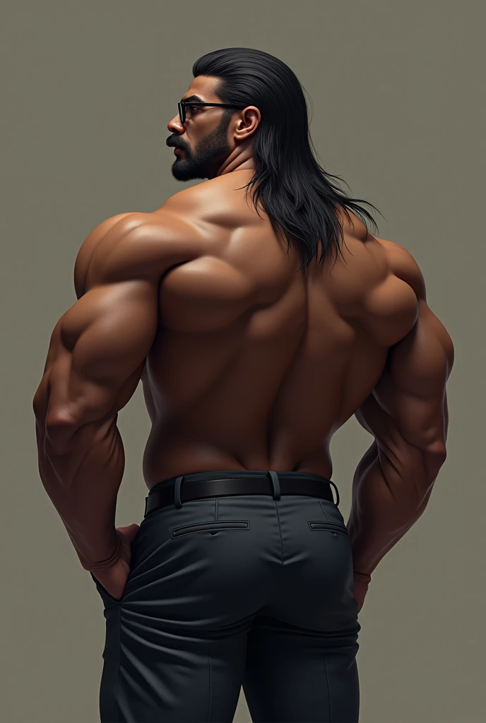Realistic, back view of a hot muscular man with long hair and masculine features. Battle scars, wearing a very tight string thong, showcasing a very large
