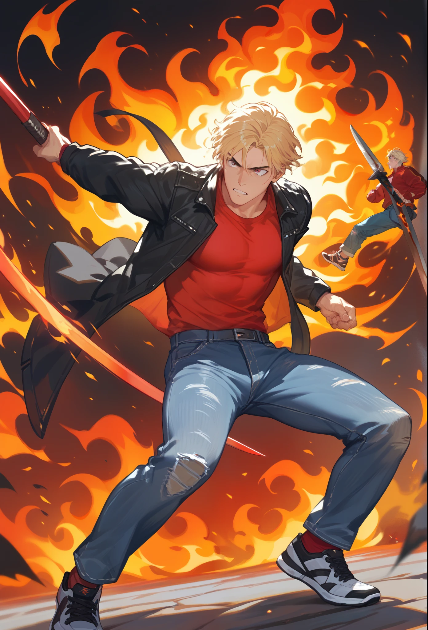 , score_9,score_8_up,score_7_up, mature men, Bright eyes, medium hair, blonde hair, wearing a black jacket and red shirt, jeans pants, sports shoes, Bearer a long blade, black flame on his hands, action painting 