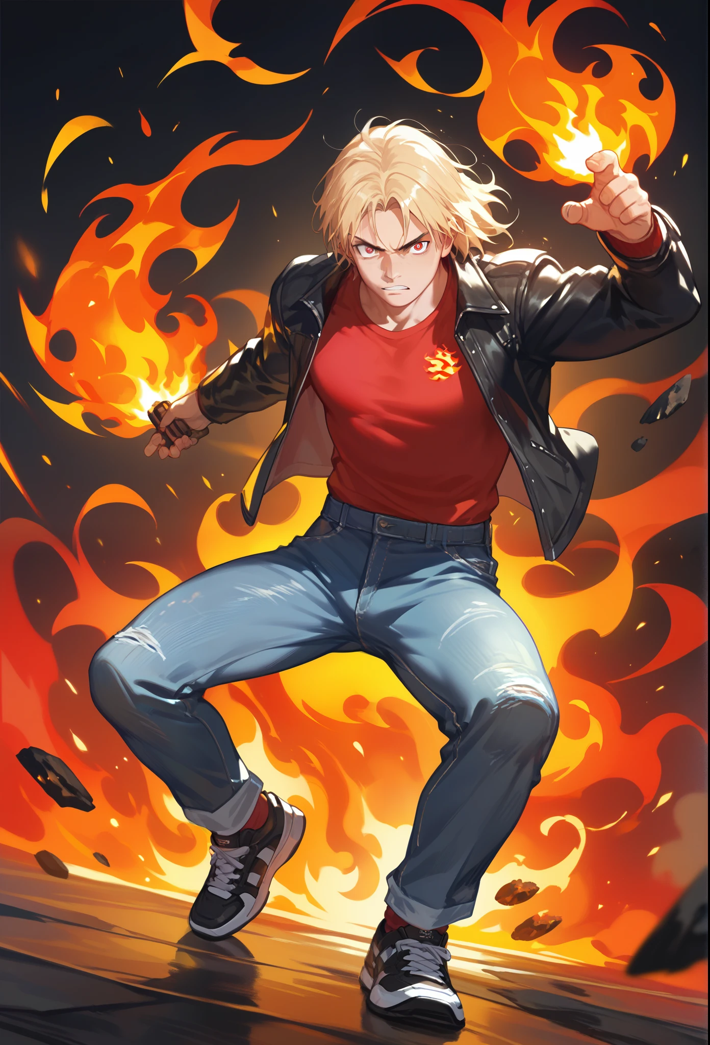 , score_9,score_8_up,score_7_up, mature men, Bright eyes, medium hair, blonde hair, wearing a black jacket and red shirt, jeans pants, sports shoes, Bearer a long blade, black flame on his hands, action painting 