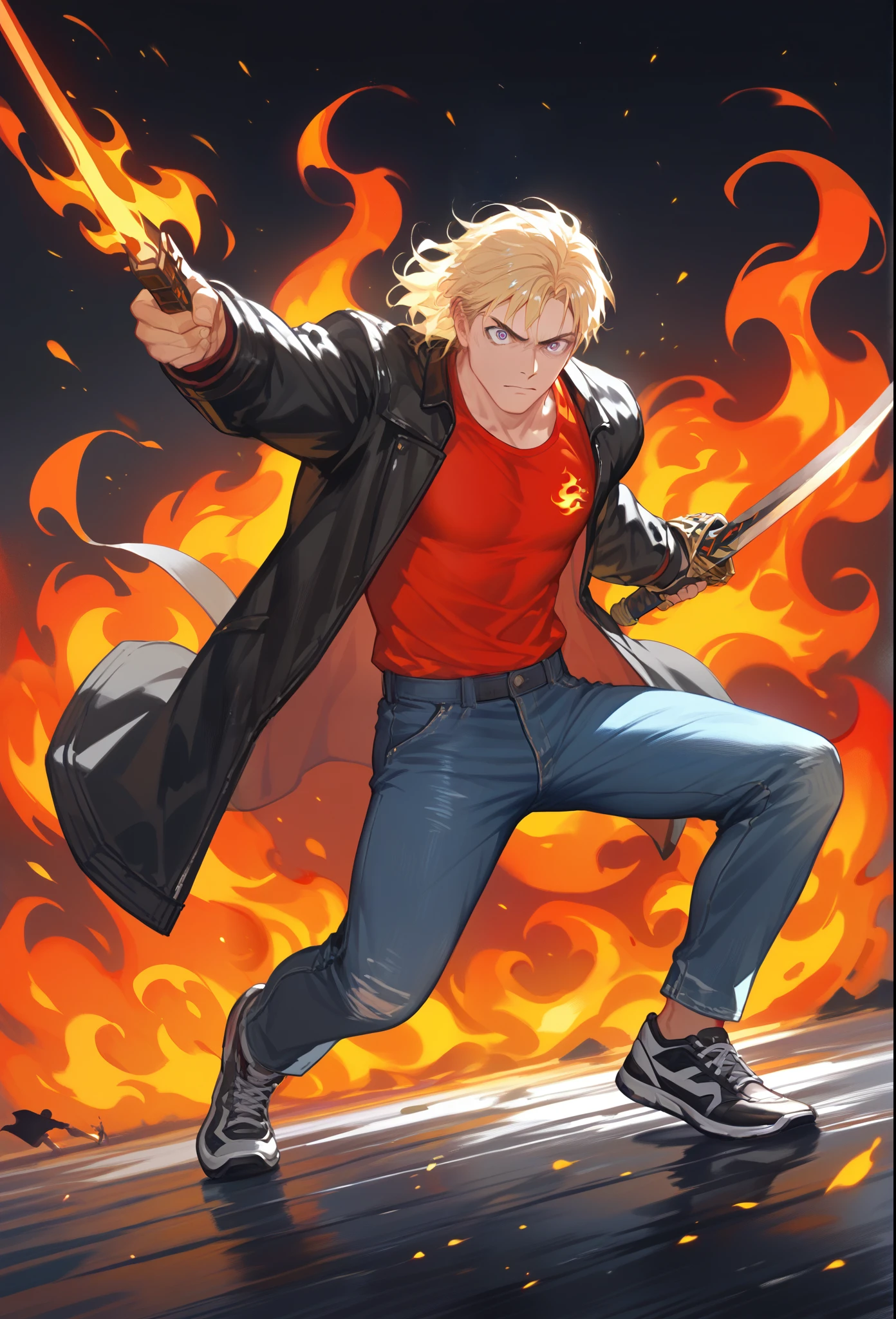 , score_9,score_8_up,score_7_up, mature men, Bright eyes, medium hair, blonde hair, wearing a black jacket and red shirt, jeans pants, sports shoes, Bearer a long blade, black flame on his hands, action painting 