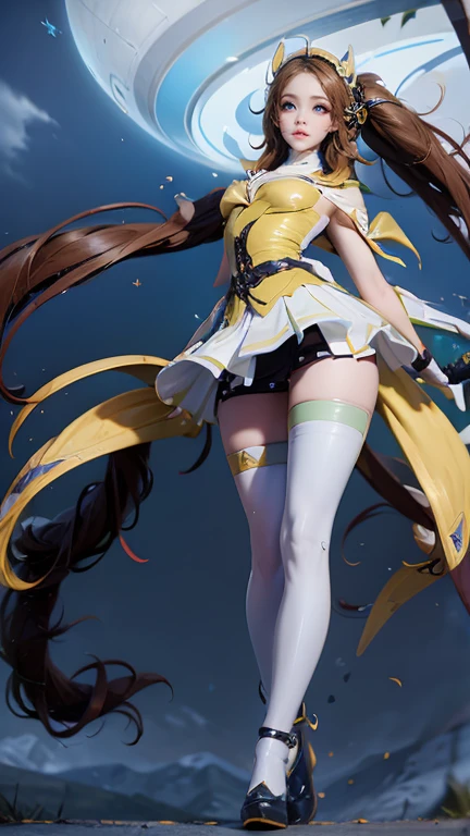 Masterpiece,Best quality,A high resolution, 1girll,From below,(Very thin and straight legs)，,(Very long legs，Straight legs),,High heels,long leges,standing on your feet, Long legs as seen from the front, Perfect body,with perfect legs,(exteriors)， WZRYdaqiaoSHZL,1girll, Mature female, Cityscape, view the viewer, Earphone, double tails,white thighhighs, See-through,frilld, Skirt,ahoge, bow, Collared shirt, Trim,